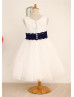 A-line Ivory Satin Tulle Knee Length Flower Girl Dress With A Navy Blue Sash